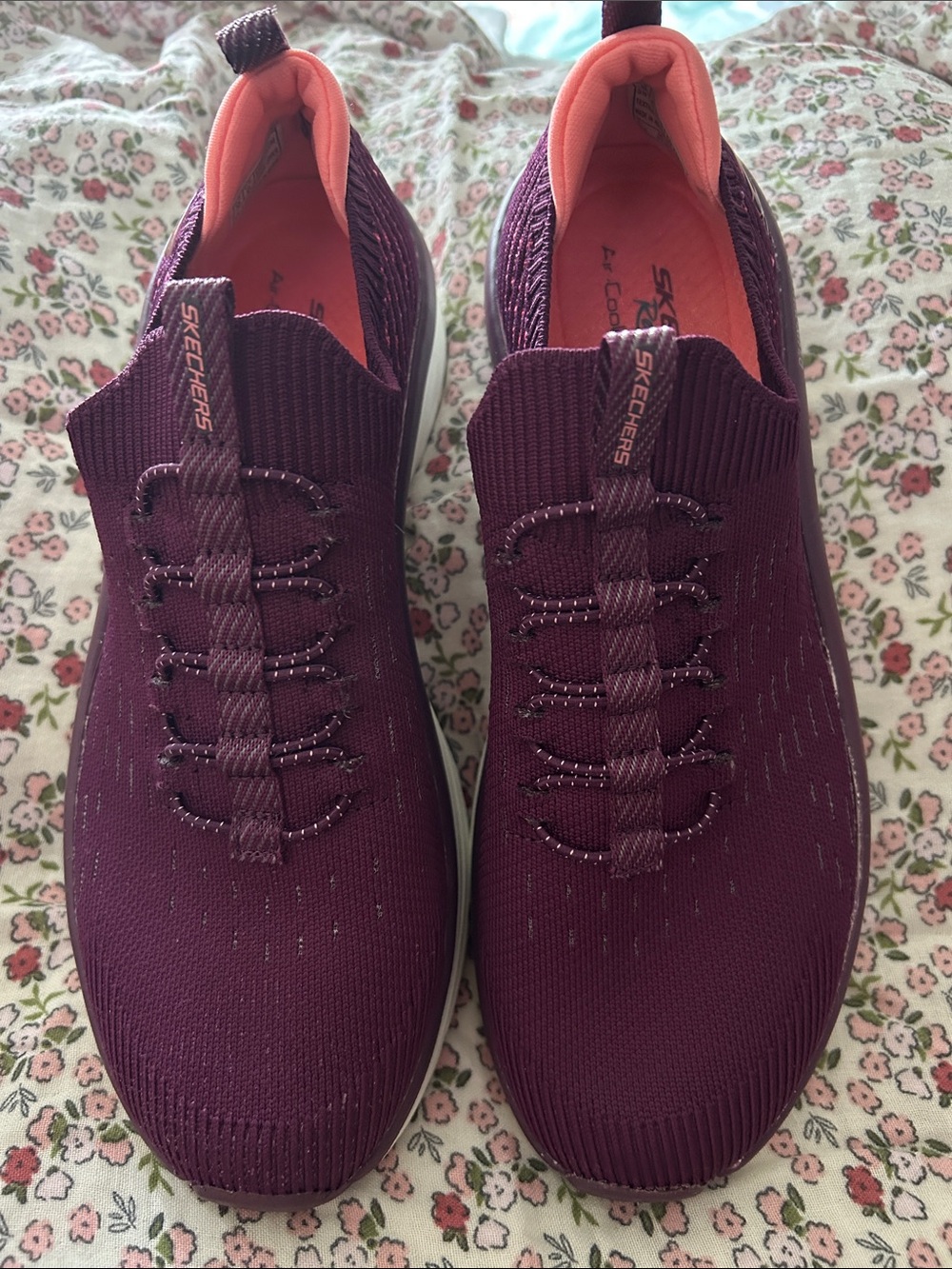 Skechers Women's Slip-On Knit Sneakers in Plum with Coral Lining